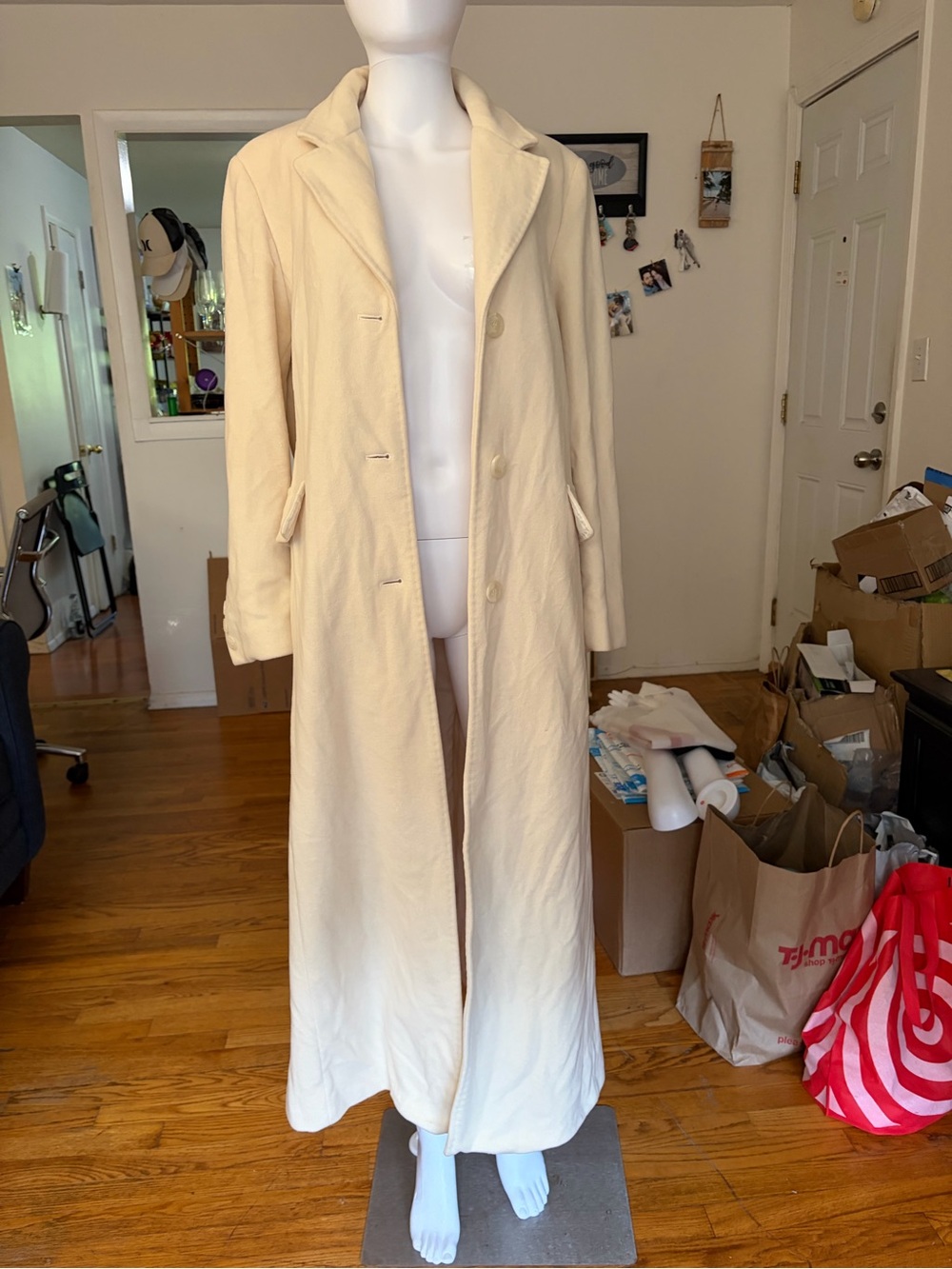 Vtg Marvin Richards Women’s Ivory Long Button Collared Lined Coat Size 6 Regular